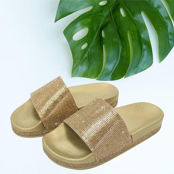Gold Rhinestone Slides - Comfortable Sparkling Sandals with Glitter Band NWB! - Picture 3 of 9
